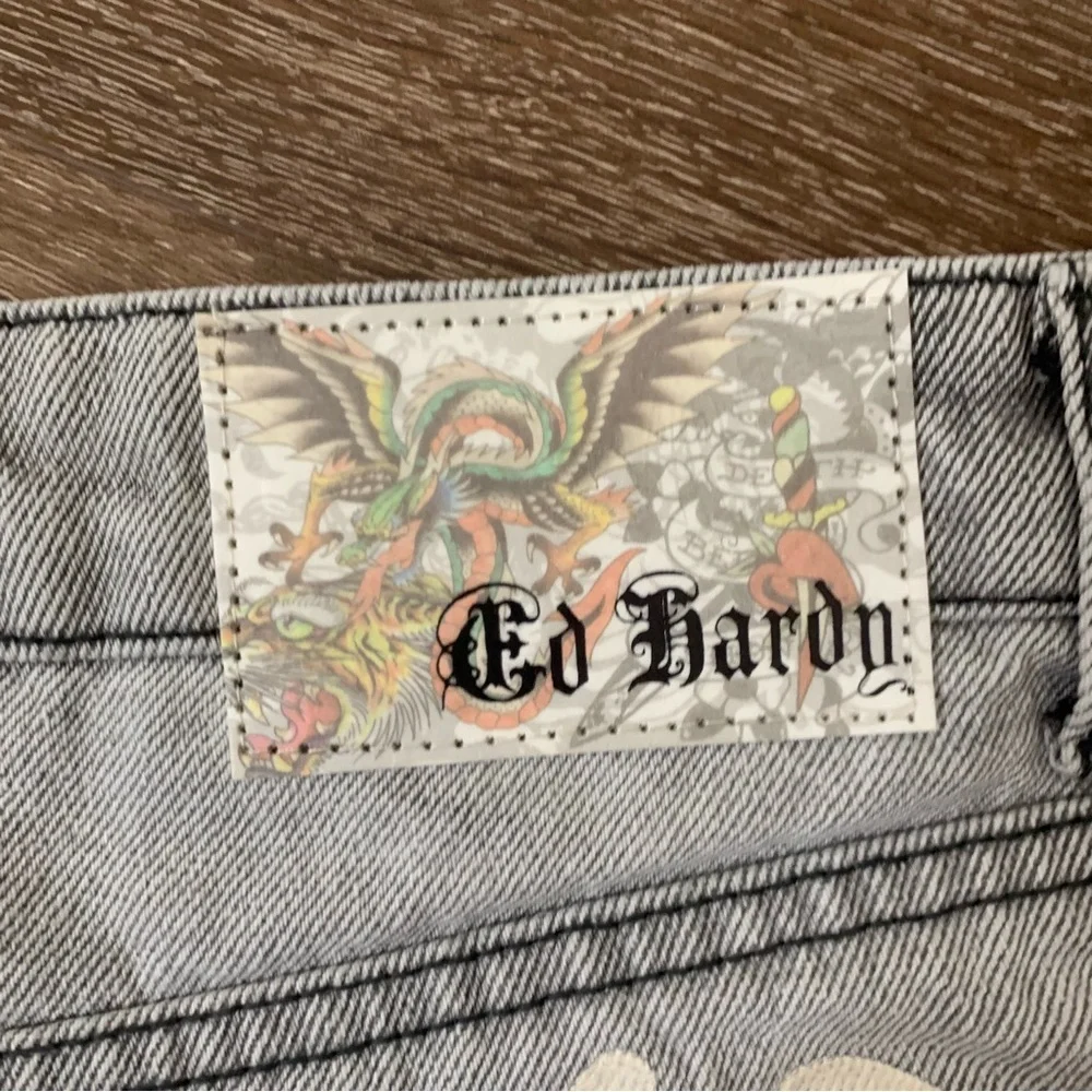 Ed Hardy grey wash Cross denim printed mini skirt L NWT